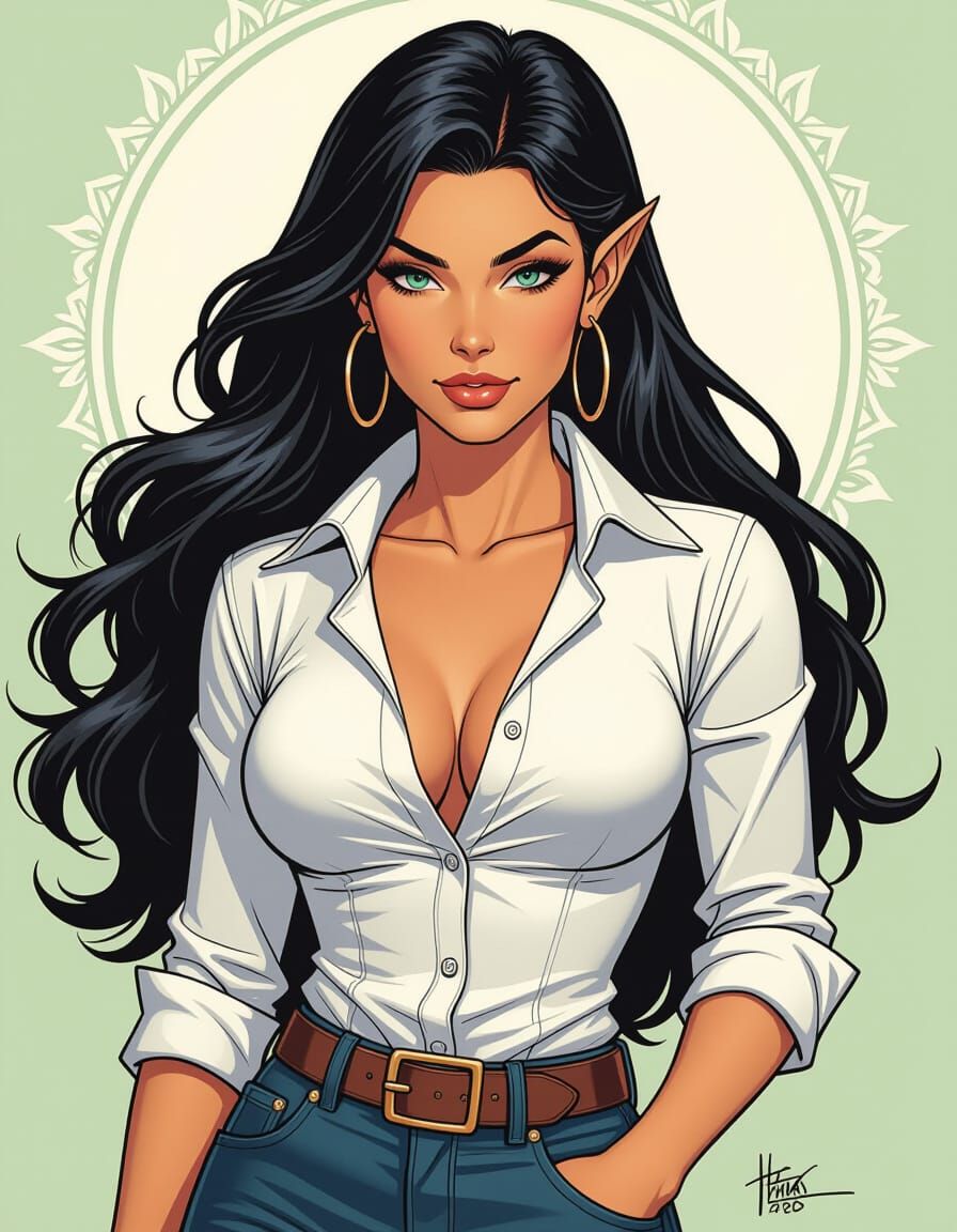 Black Elf Woman Putting On Shirt in Frank Cho Comic Style