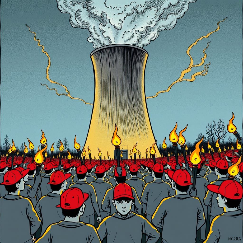Surreal Marchers Around Nuclear Tower in New Yorker Style