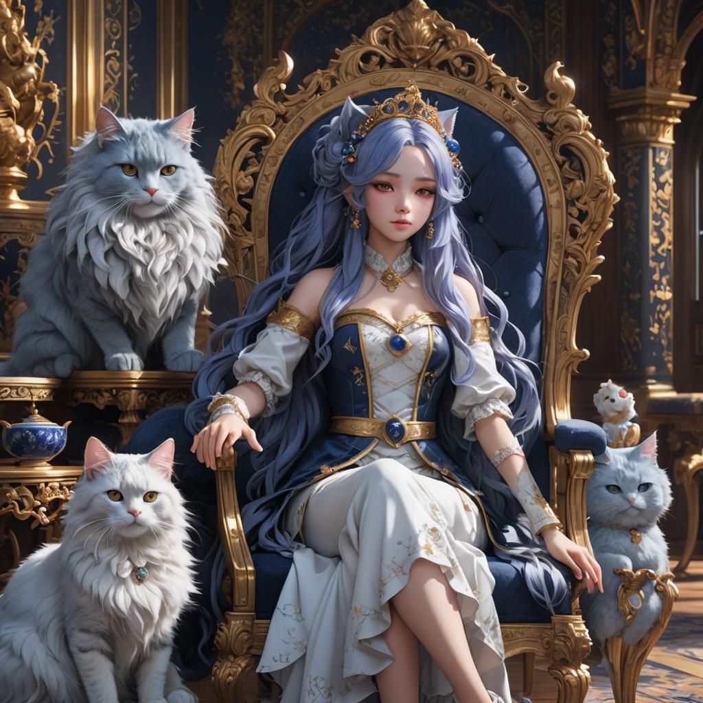Anime Princess with Blueberry Hair and Cat
