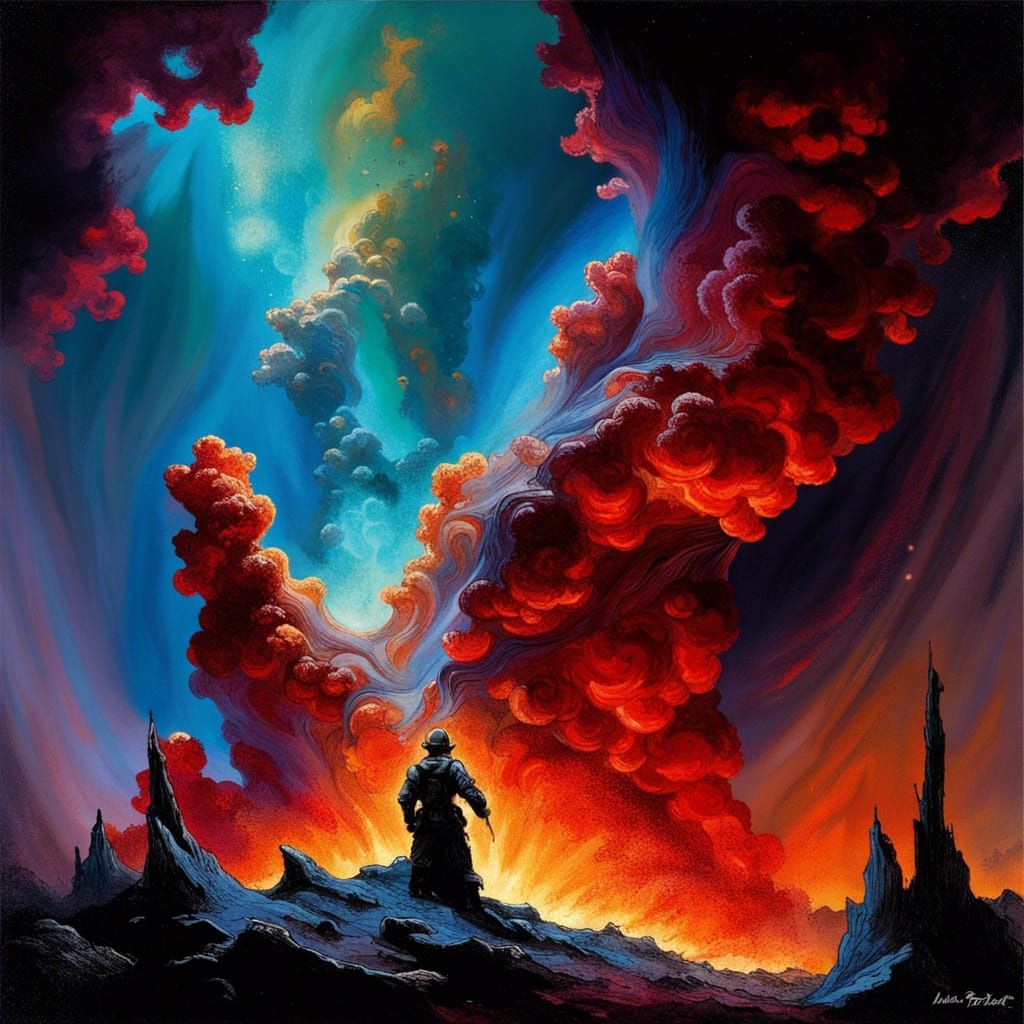 Fiery Nebula Warrior Bound to Star: Expressionist Oil Painti...