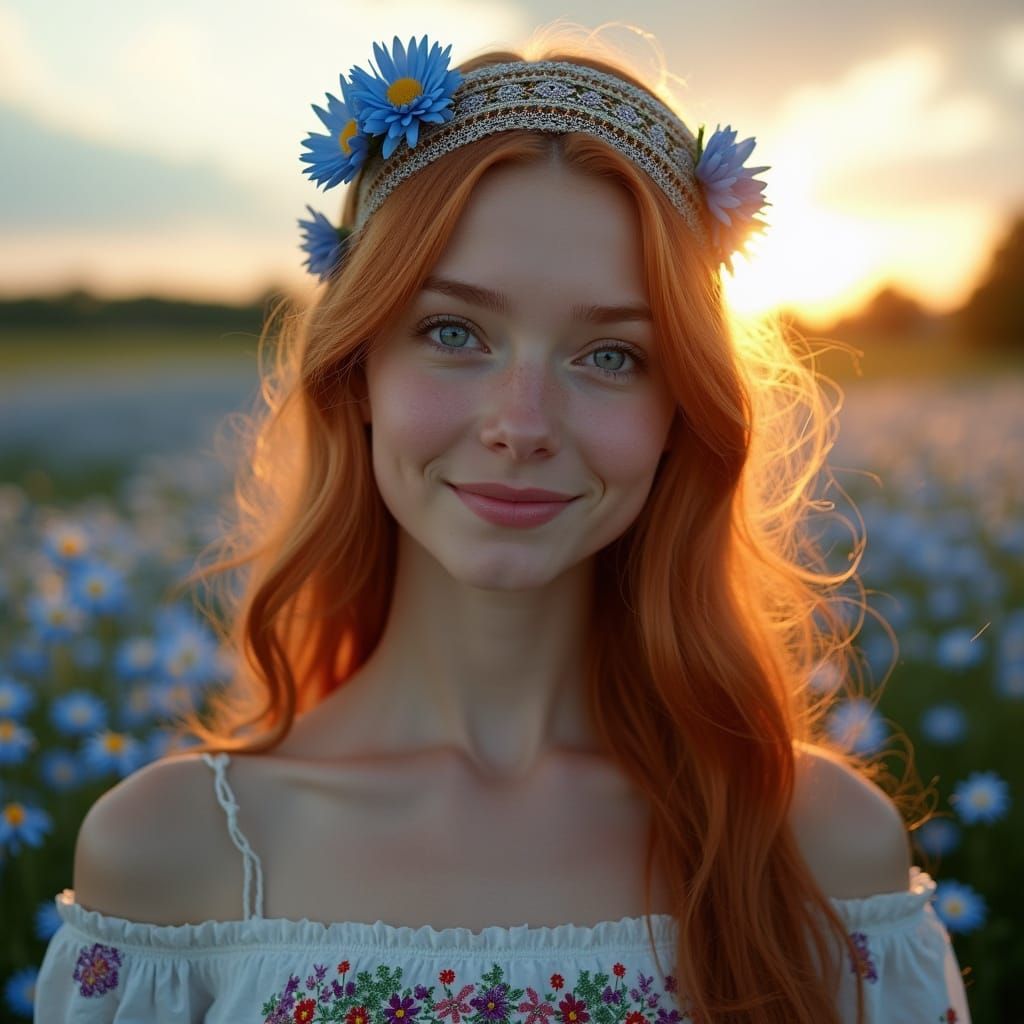 Auburn Beauty in Daisy Field: Hyperrealistic Portrait
