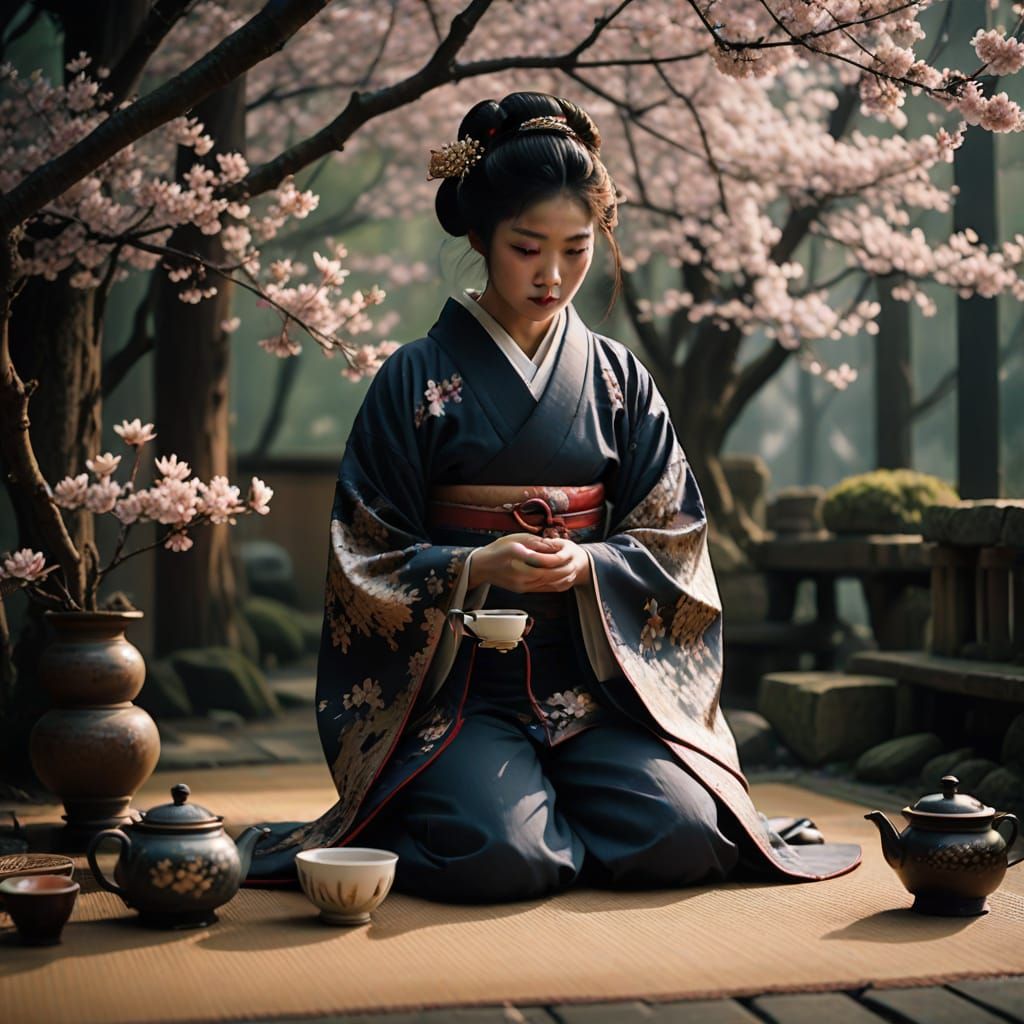 Japanese Geisha Serving Tea in Soft Afternoon Light
