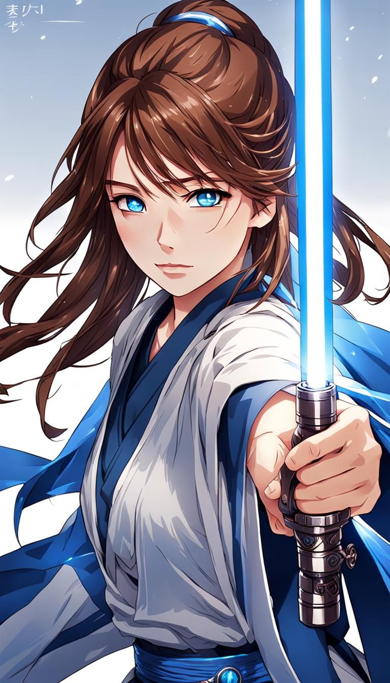 Anime Girl Jedi Knight with Blue Lightsaber