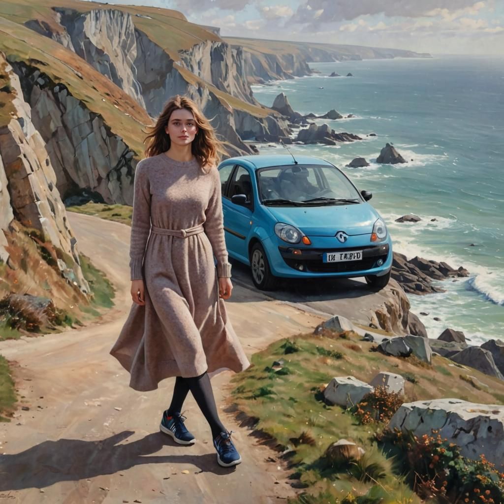 French Woman with Renault Twingo, Oil Painting