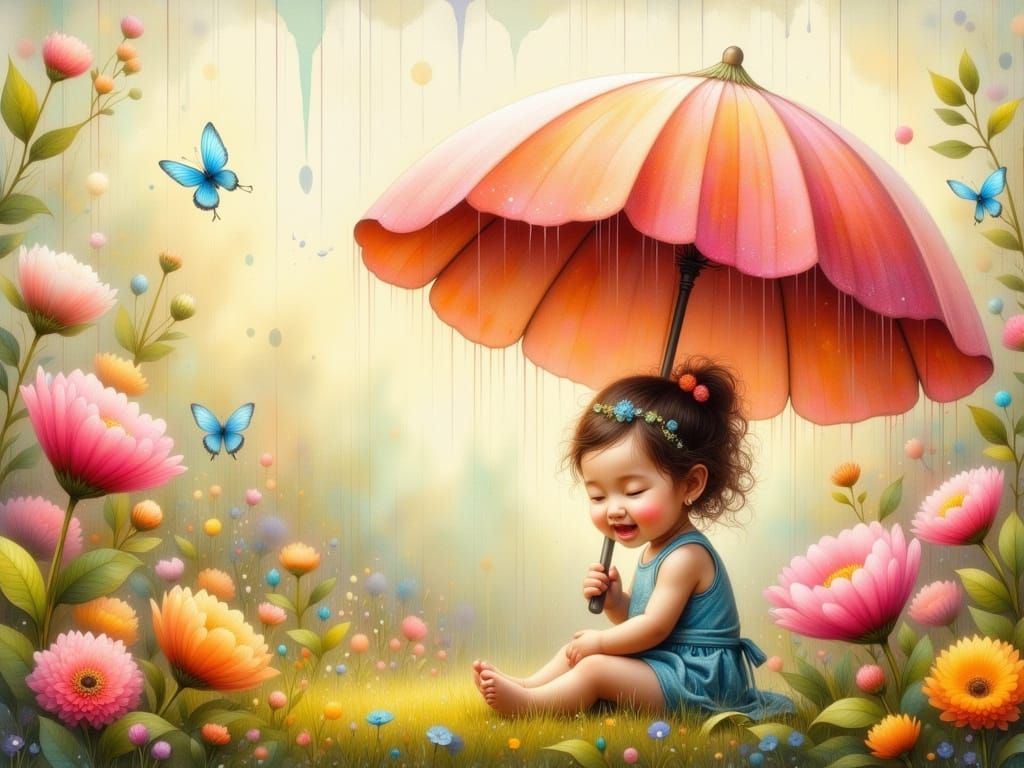 Whimsical Springtime Scene in Colorful Storybook Style