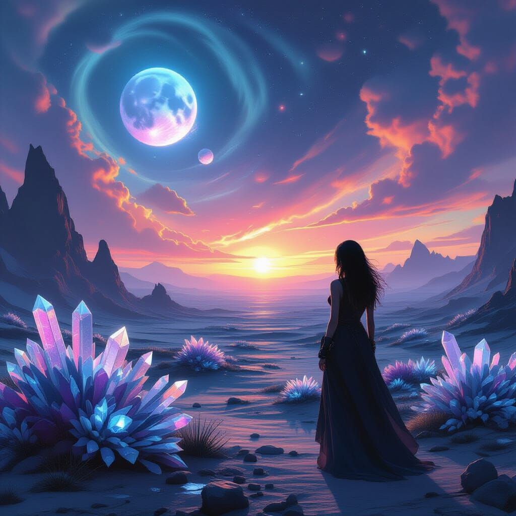 Woman on Alien Planet Gazing at Binary Sunset