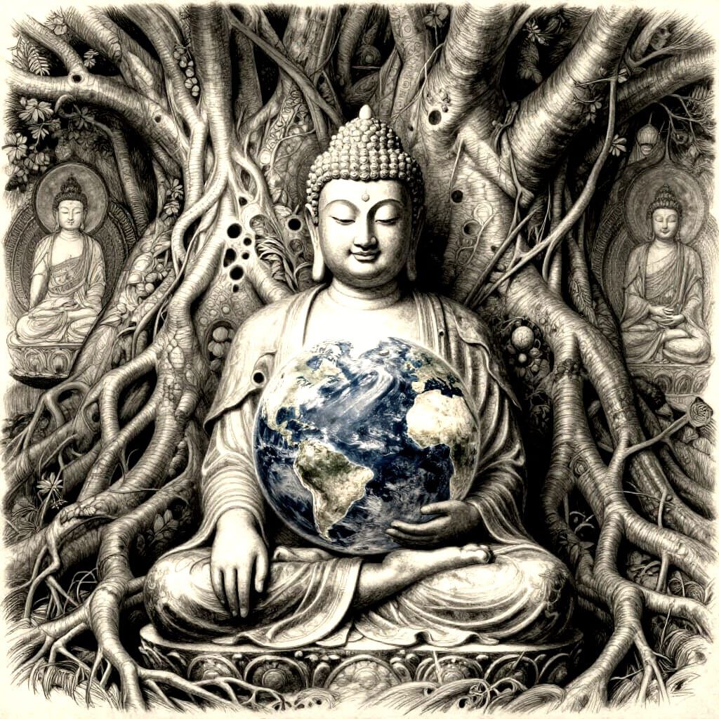 Buddha Embraces Earth Under Ancient Tree: Charcoal Drawing