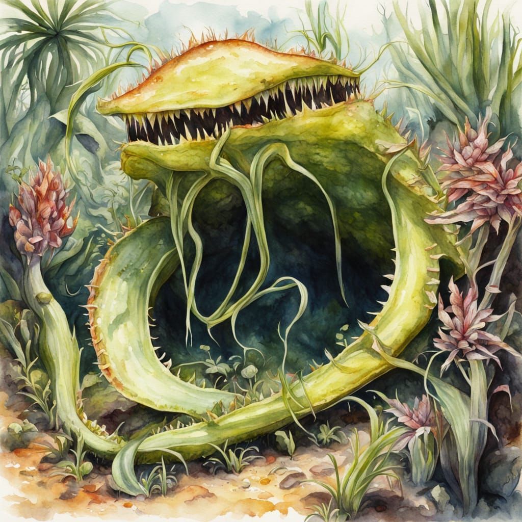 huge carnivorous plant laying ambush in an oasis, the plant'...
