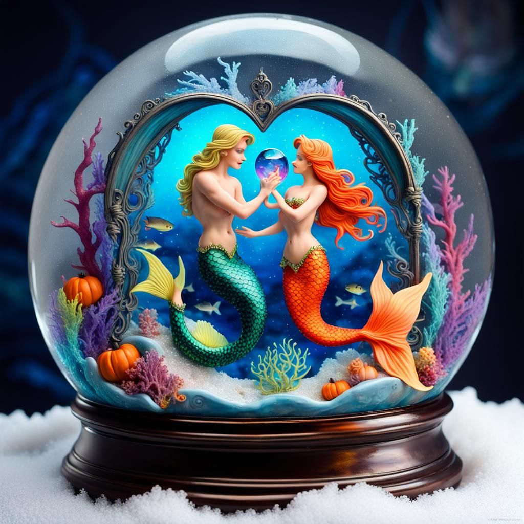 Halloween Mermaid and Merman Aurora in Snow Globe
