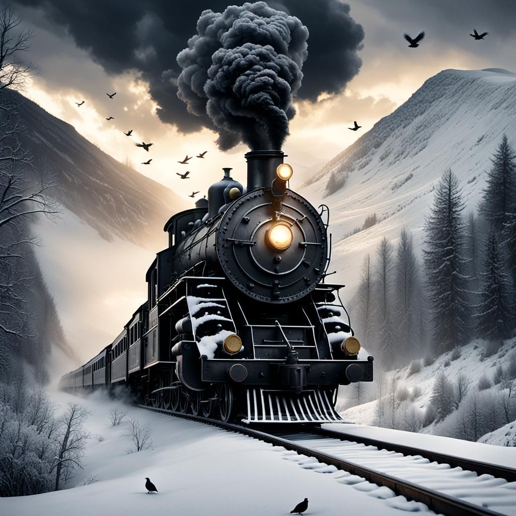 Silver Steam Train in Snowy Valley