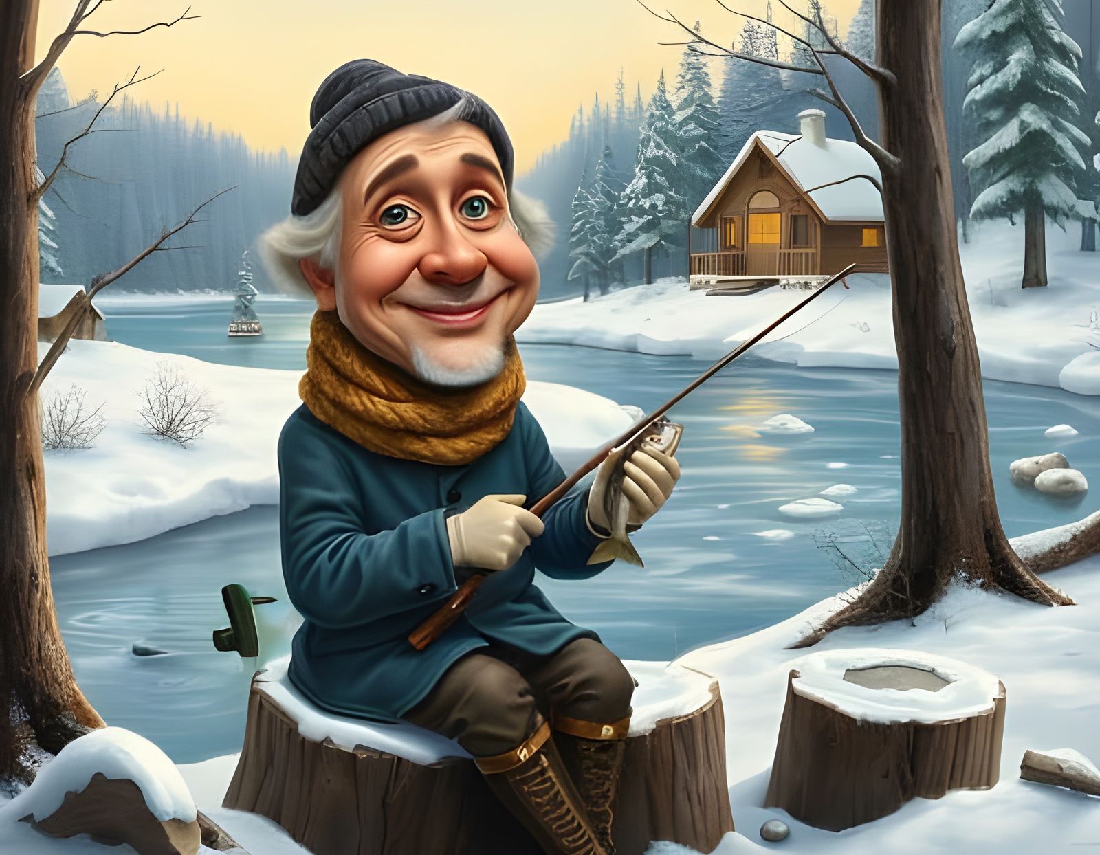 Comical Winter Fishing Scene with Historical Figure