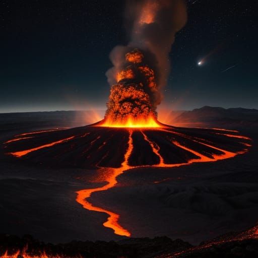 Alien Planet Volcanic Eruption Under Night Sky