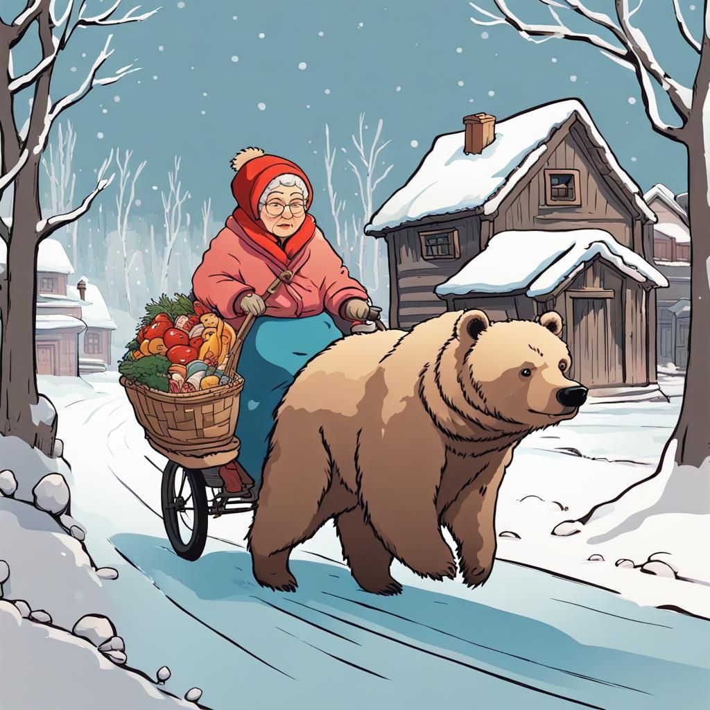 Russian Granny Rides Bear Home, Ghibli Style