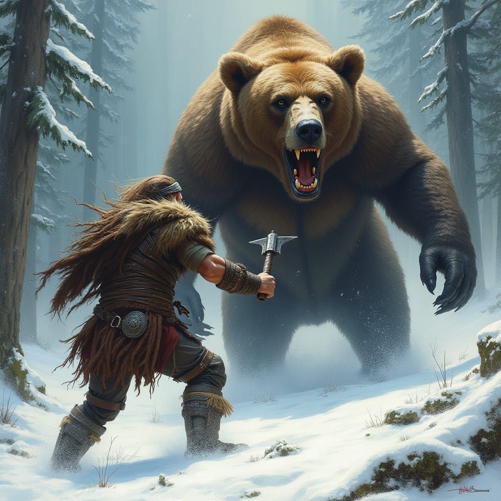 Viking Warrior Battles Grizzly in a Snowy Forest