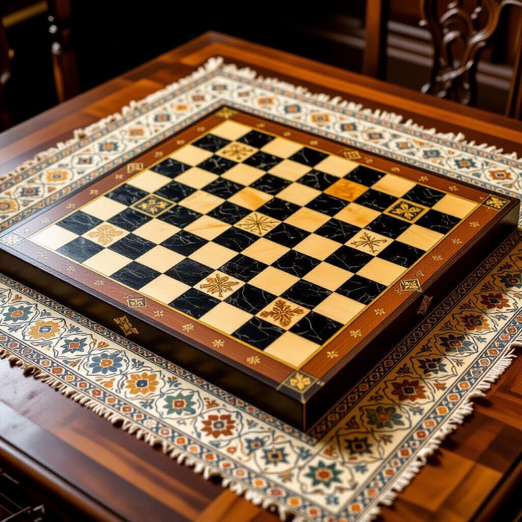 Intricate Gold and Ivory Chess Set on Oak Table