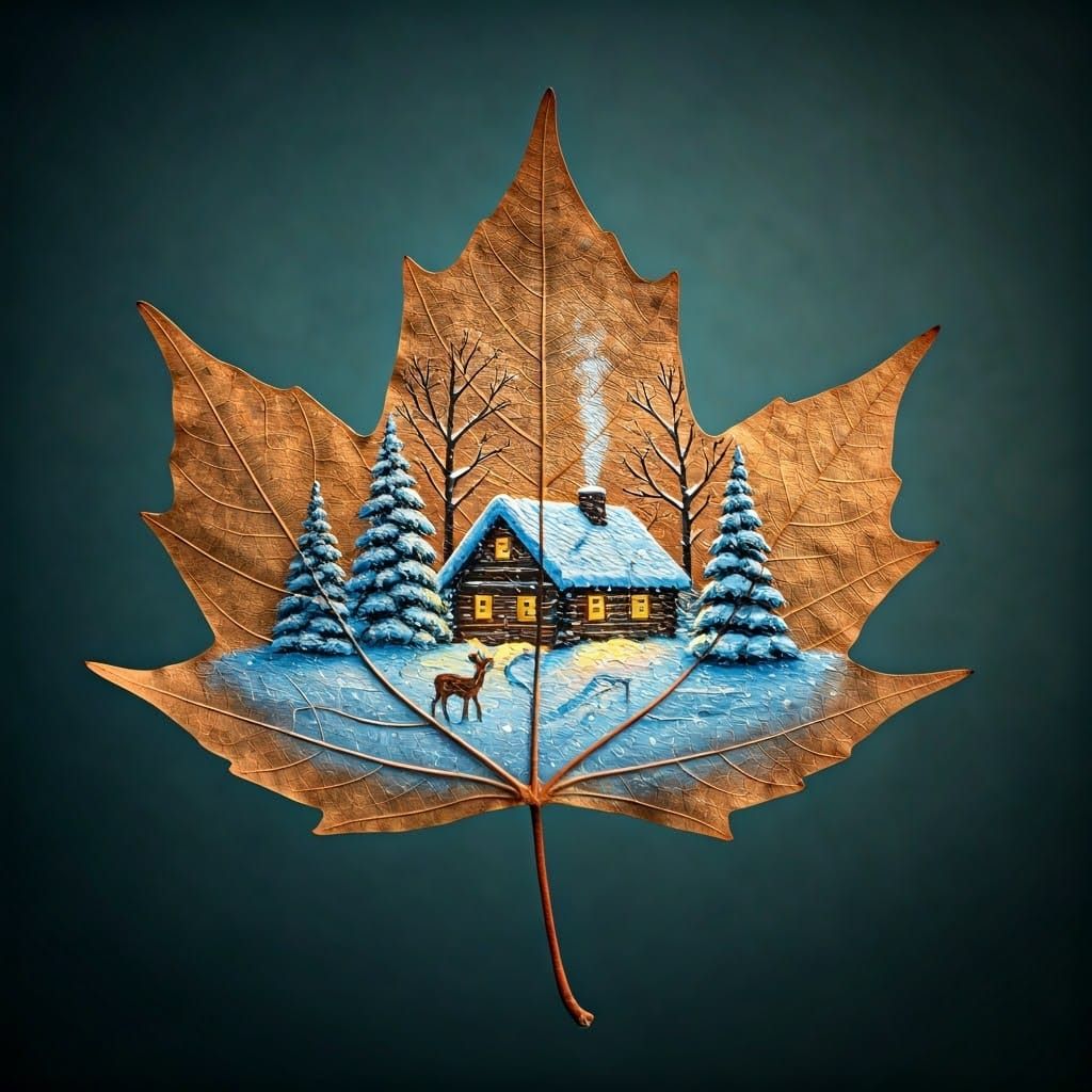 Winter Wonderland Inside a Frozen Maple Leaf