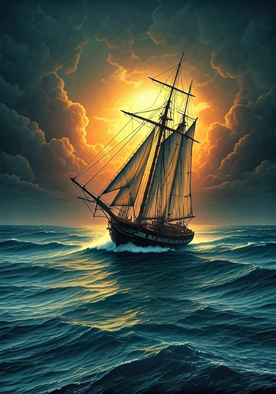 Dramatic Schooner on Stormy Seas as Romantic Era Painting