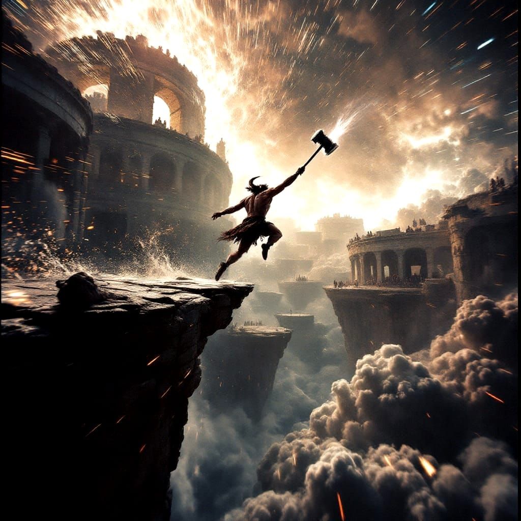 Surreal Minotaur Gladiator Leaps Across Cloud-Colored Colise...