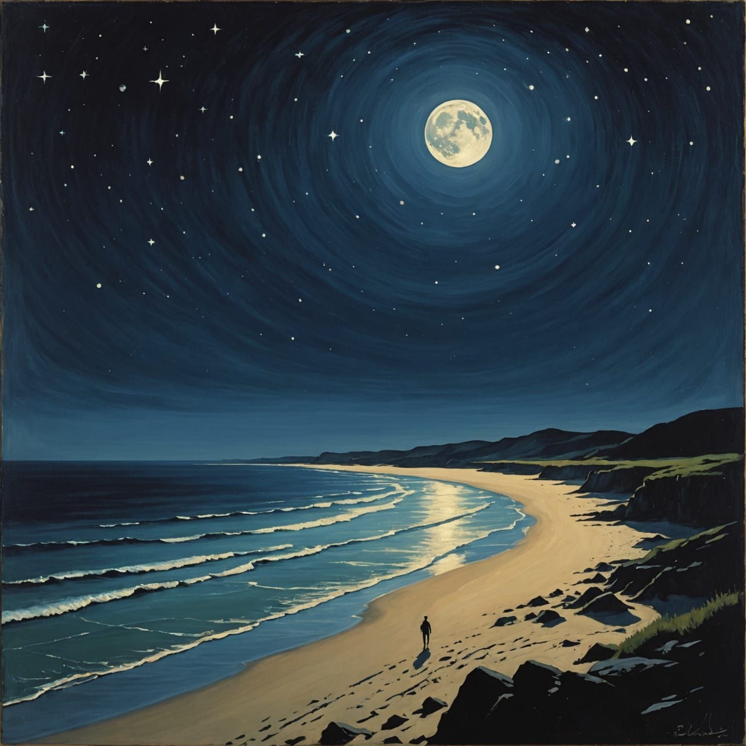 Moonlit Beachscape at Midnight in Synthetism Style