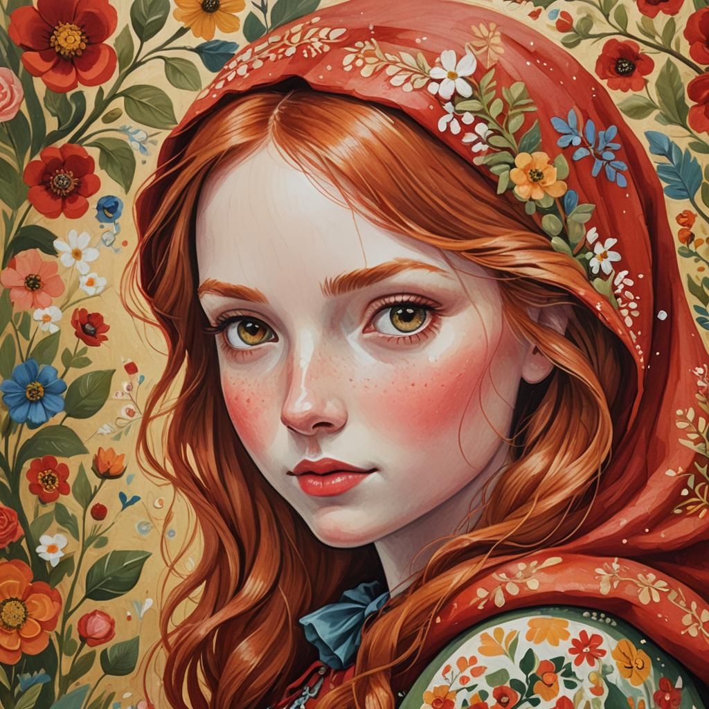 Little Red Riding Hood Portrait in Folk Art Style