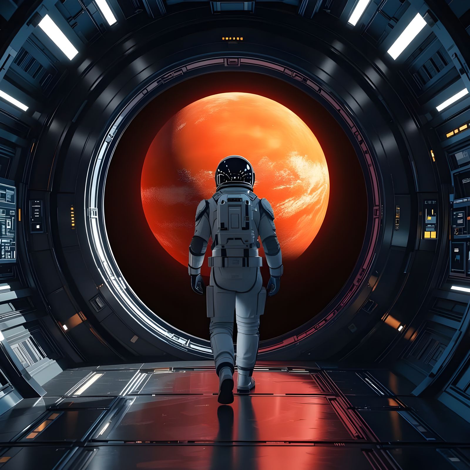 Astronaut on Spaceship Viewing Earth, Matte Painting Style