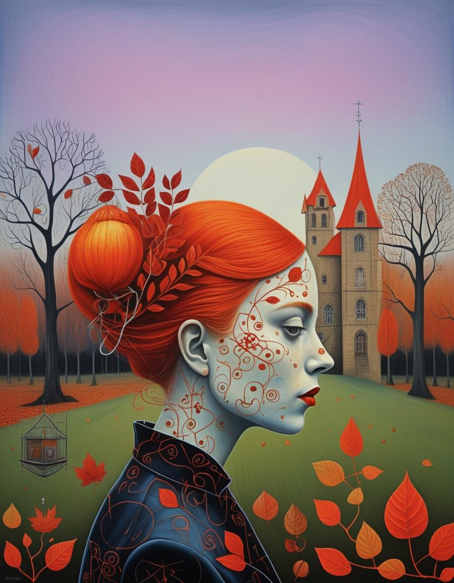 Surreal Autumn Portrait: Transparent Face with Chestnut Garl...