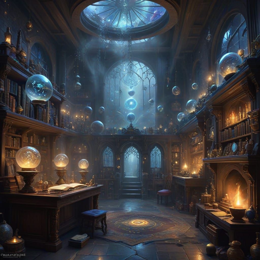 Mystical Wizard's Sanctum Illuminated by Arcane Energies