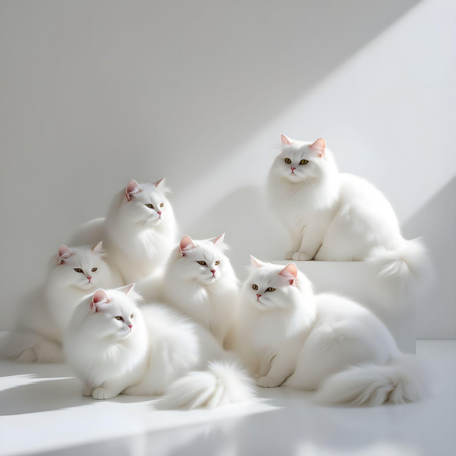 Fluffy White Cats on White Canvas in Minimalist Style