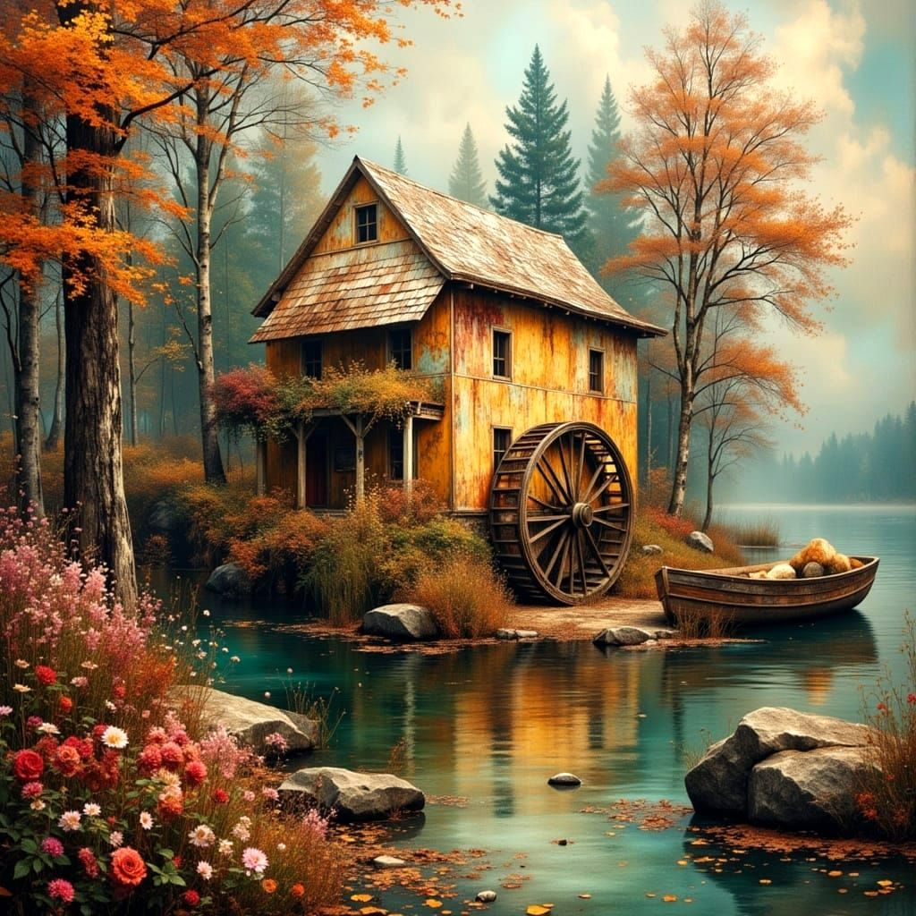 Autumnal Mill House Dreamscape in Impasto Style