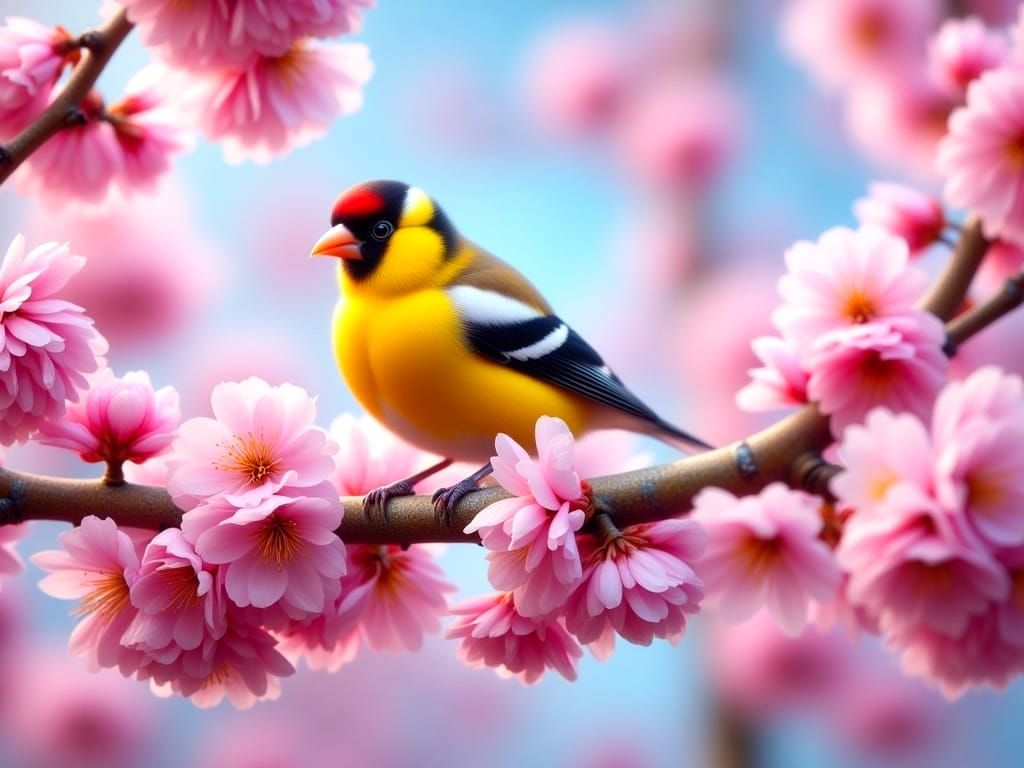 Vibrant Goldfinch Perched in Cherry Blossoms