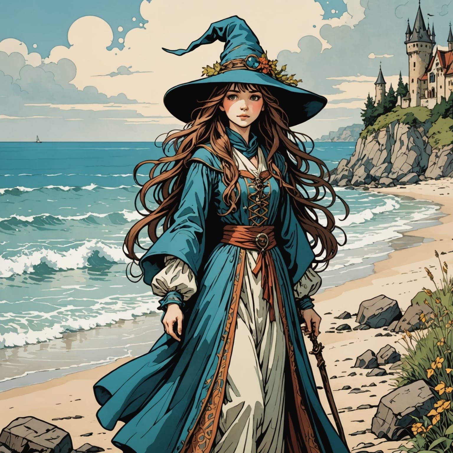Girl Wizard Seeks Sea Spells: Cartoon Anime Style