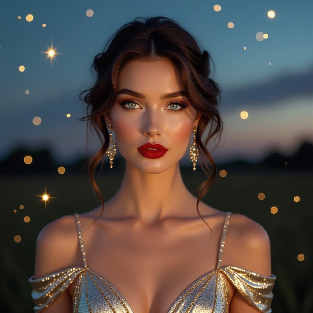 Enchanting Lady with Golden Glow and Celestial Beauty