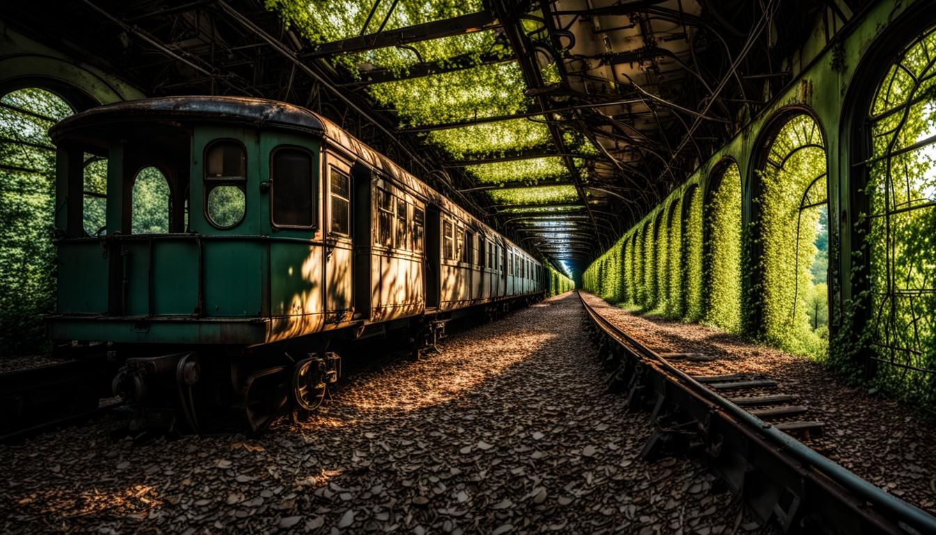 Abandoned Train Carriages with Ethereal Glow
