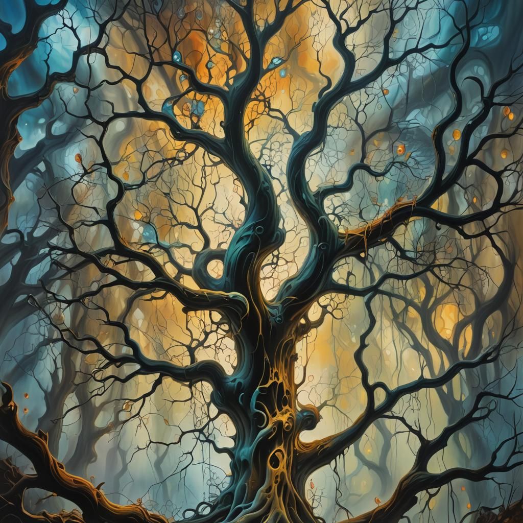 Glowing Twisted Tree in Dreamlike Surrealist Forest