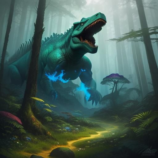 Dinosaur Snoring in Retro-Futuristic Forest Concept Art