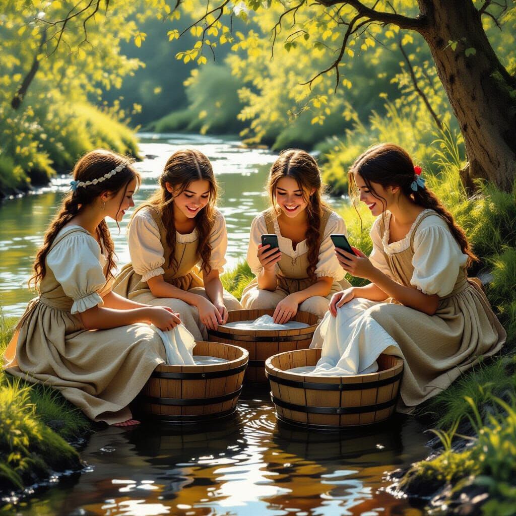 Medieval Girls Washing Clothes with Modern Smartphone