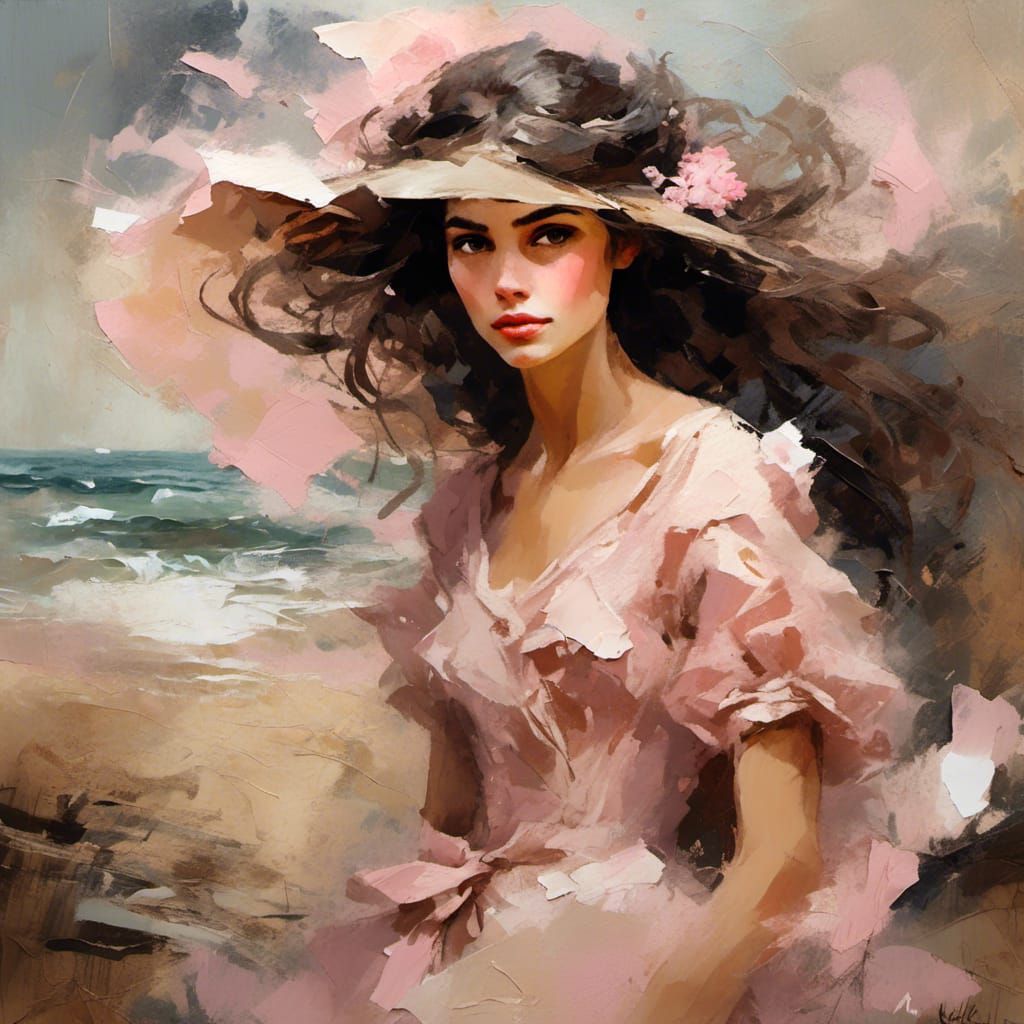 Impressionistic Portrait of Girl on Beach with Pink Brushstr...