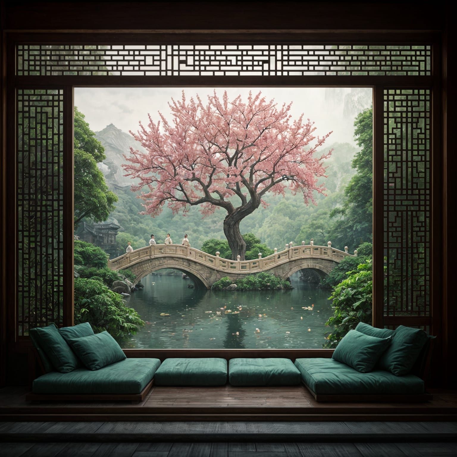 Chinese Garden with Peach Blossoms in Bloom