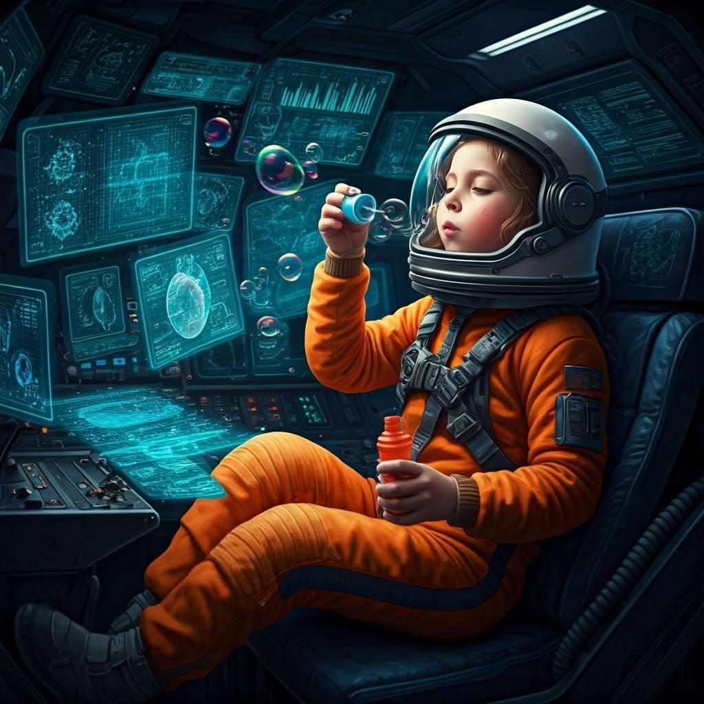 Effortless Astronaut Girl Blows Iridescent Bubbles in Futuri...
