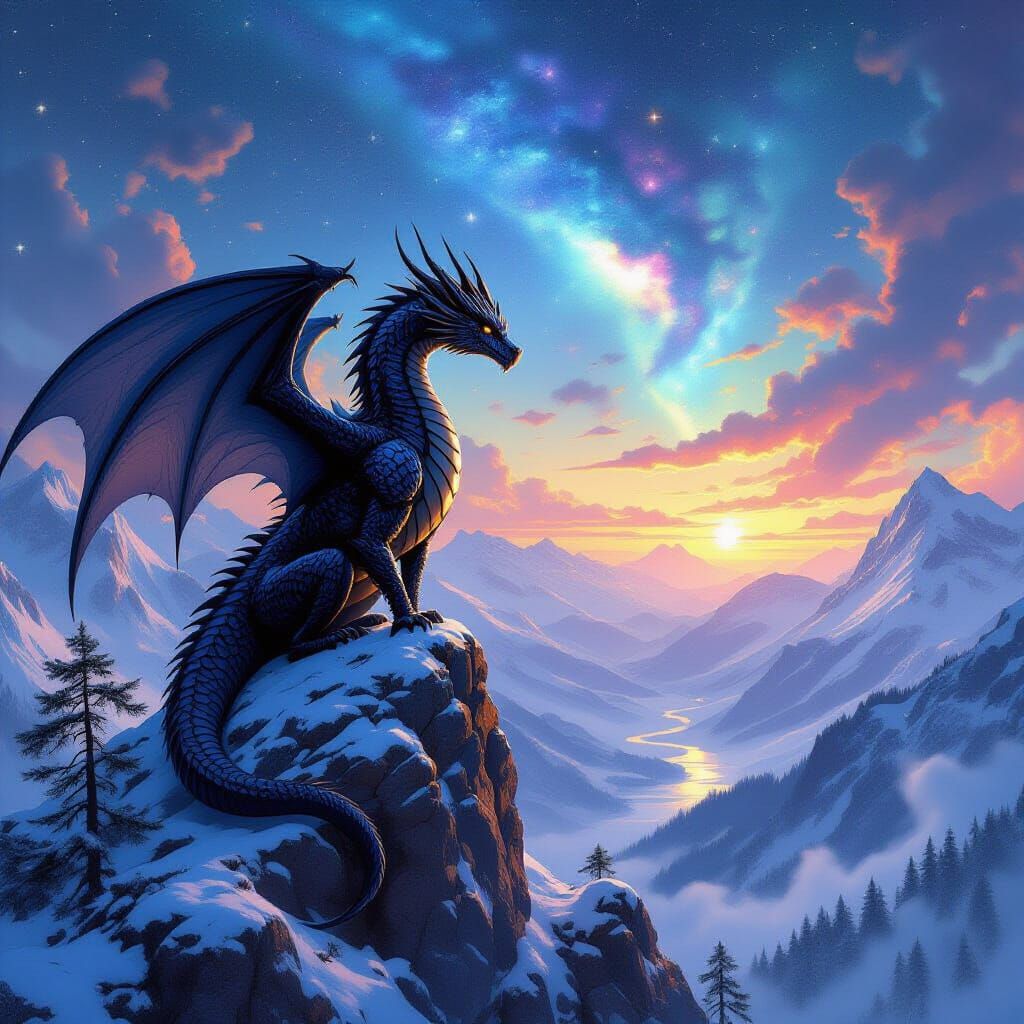 Obsidian Dragon on Snow Peak in Epic Fantasy Art