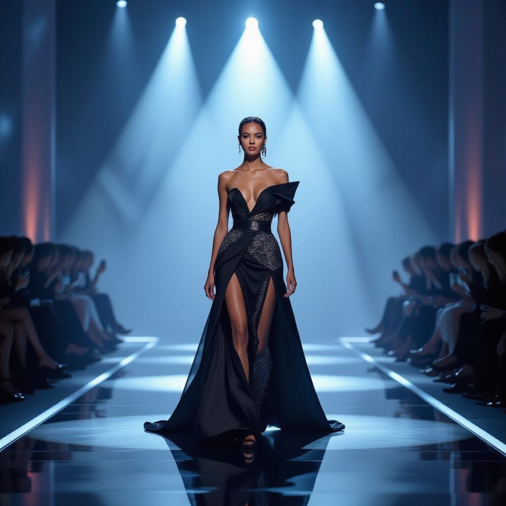 Futuristic Fashion Show at Dusk with Avant-Garde Model