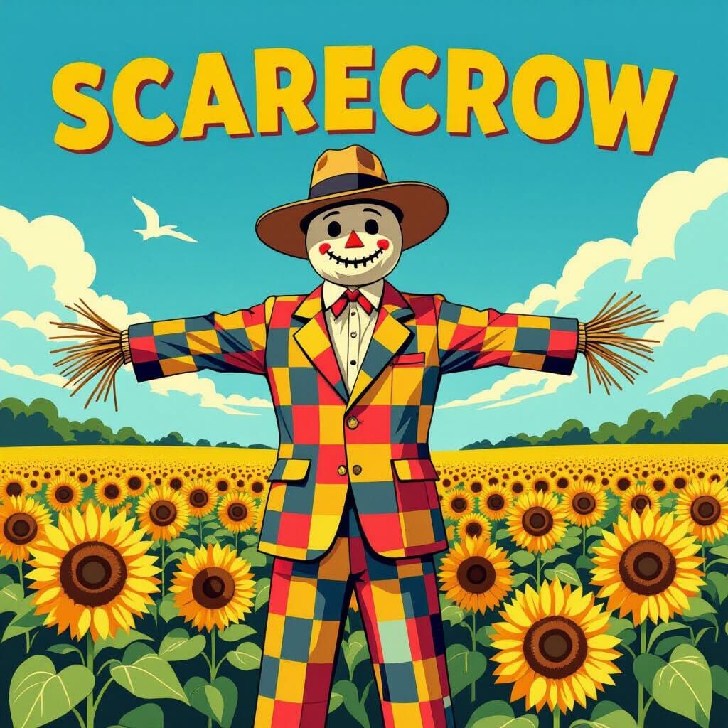 Vector art. A stylish scarecrow, dressed in a patchwork 1950...