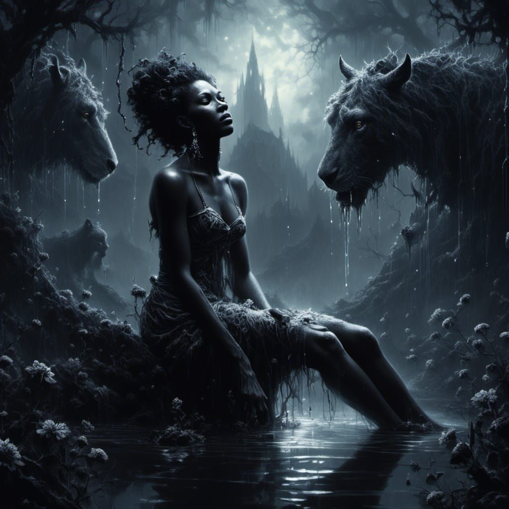 Dark Fantasy Woman in Misty Garden Portrait