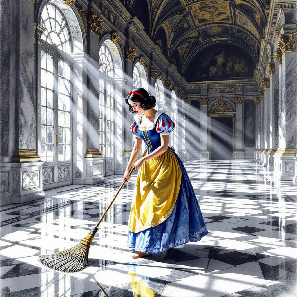 Snow White Maid Sweeping Palace Ballroom in Charcoal Drawing