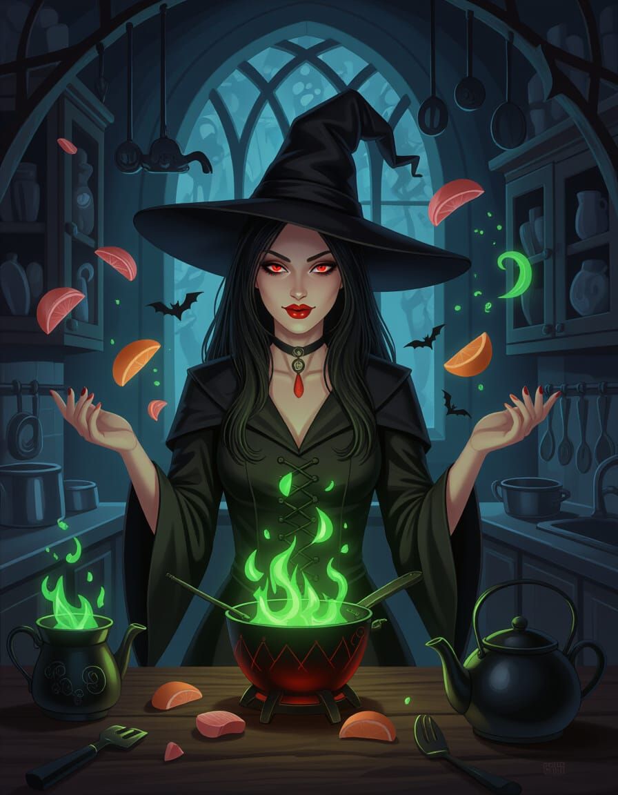 Gothic Witch Cooking with Floating Ingredients and Green Fla...
