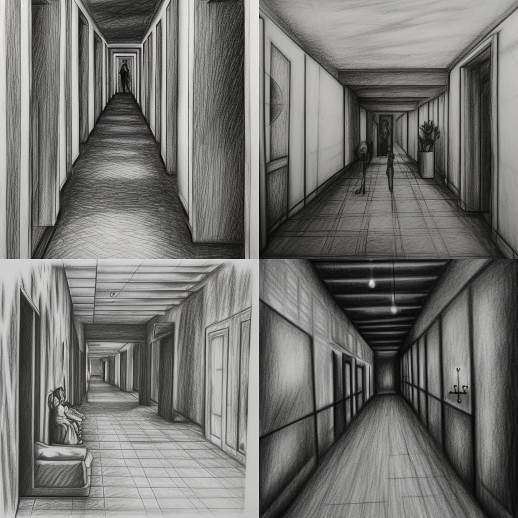 Hallway of Weeping Souls: Detailed Charcoal Drawing