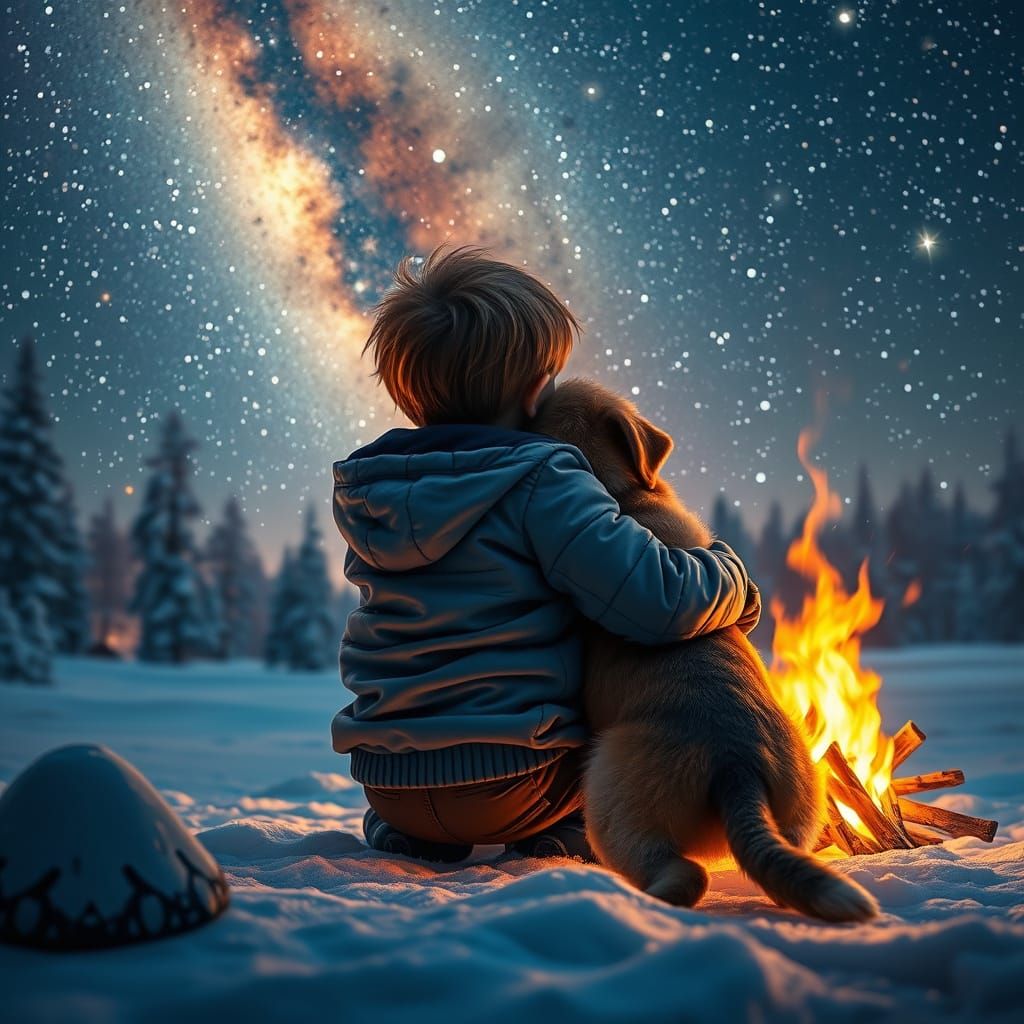 Child and Dog Gaze at the Starry Winter Sky