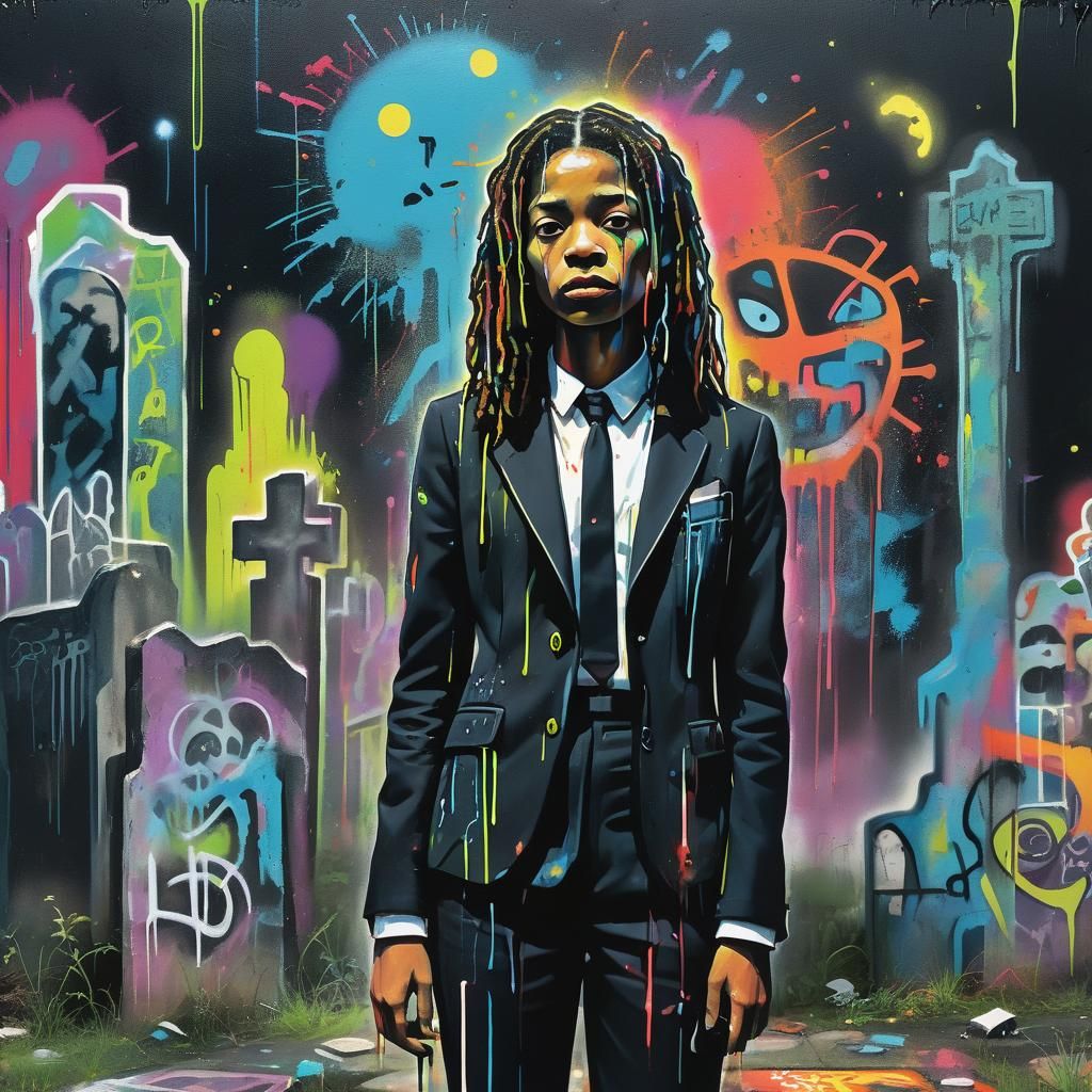 Graffiti Art Woman in Graveyard with Melting Effect