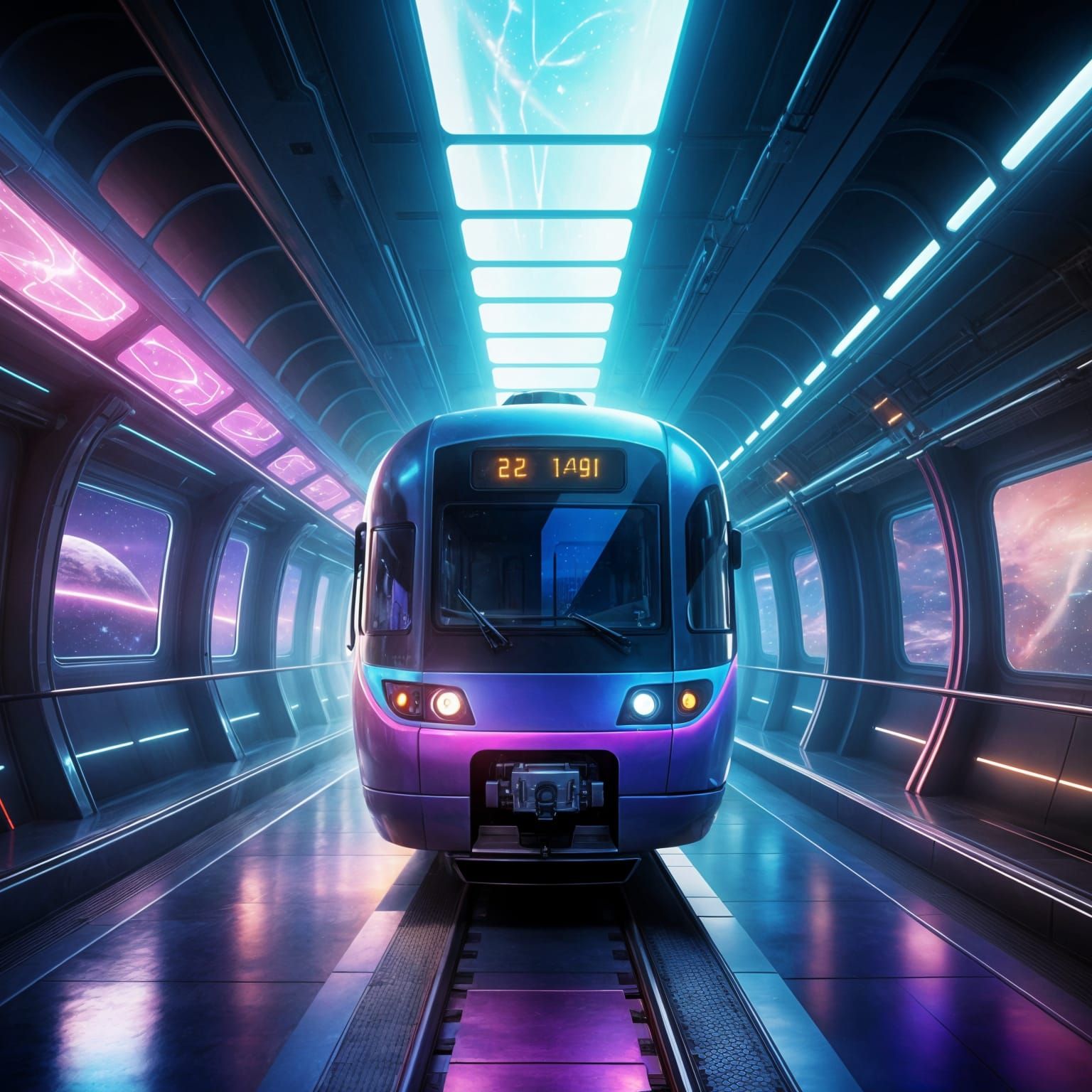 Sleek Futuristic Train Glides Across Galaxy in Neon-Lit Cine...