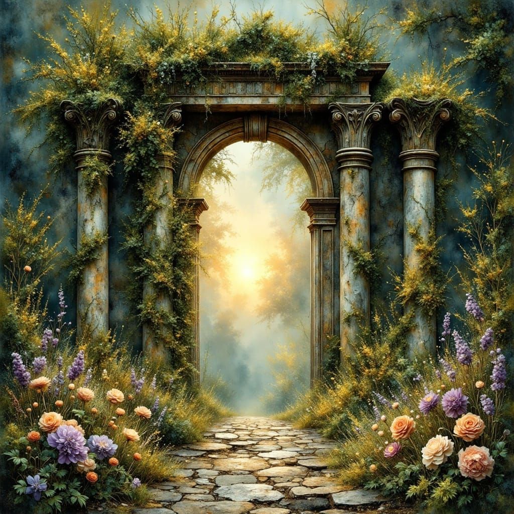Mystical Portal in Ancient Greek Ruins with Ethereal Glow an...